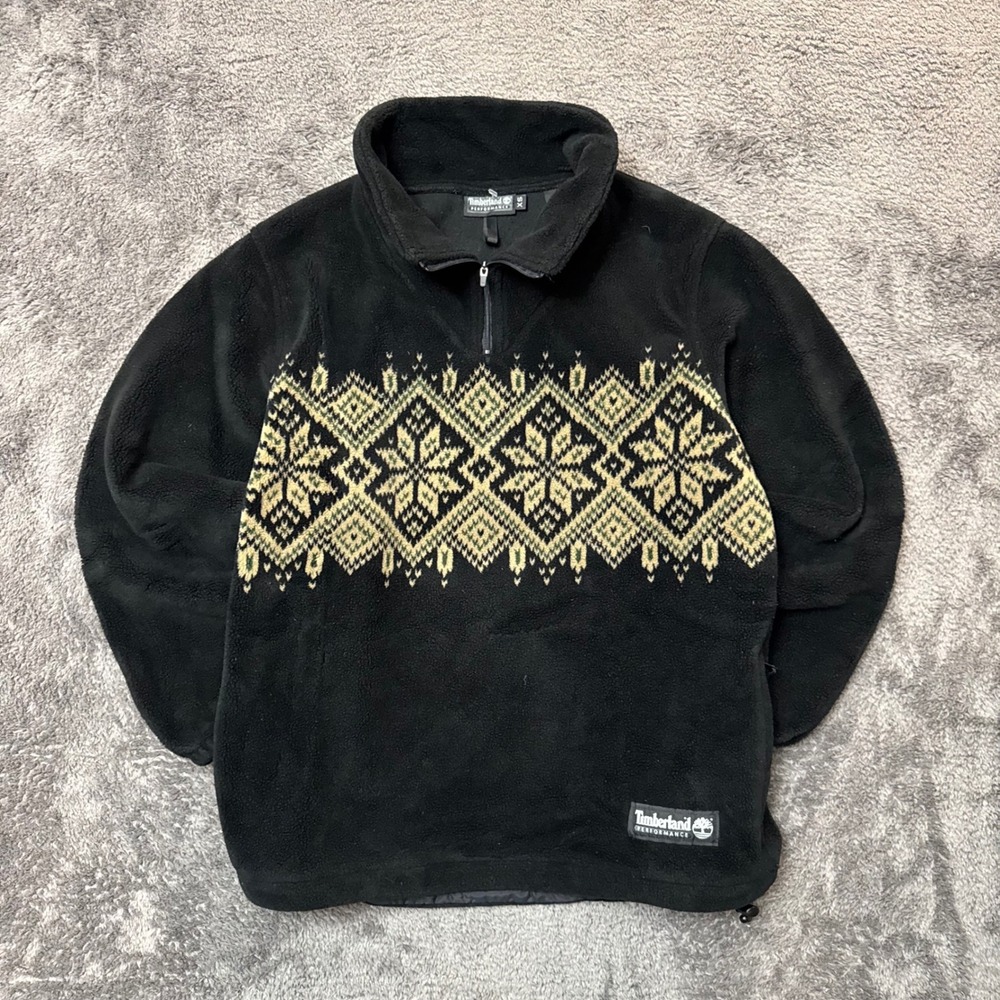 90s Timberland Performance Mens XS Black Fair Isle Quarter Zip Fleece USA